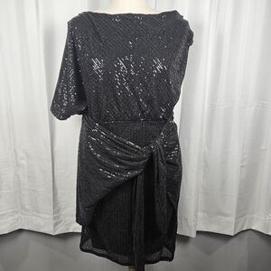 NWT Grace Karin Black Sequin Asymmetrical Draped Back Dress XL